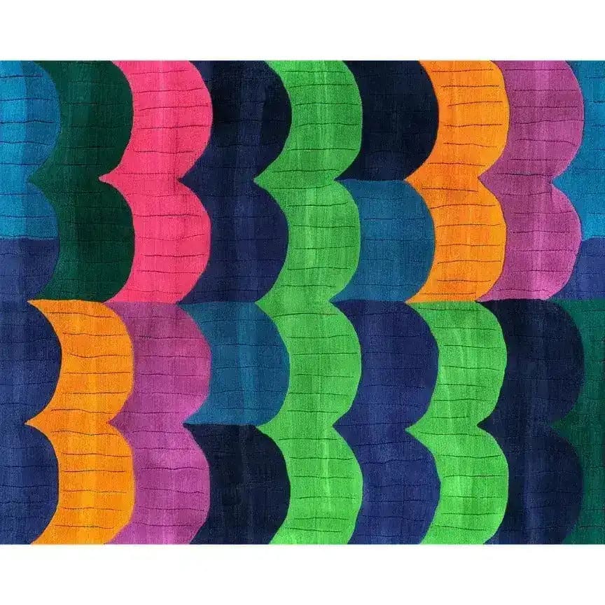 A vibrant and colorful area rug, perfect for a dining room or large living room. This contemporary wool rug features an abstract pattern with bold colors like green, blue, pink, and orange, creating a lively atmosphere ideal for formal or casual settings.