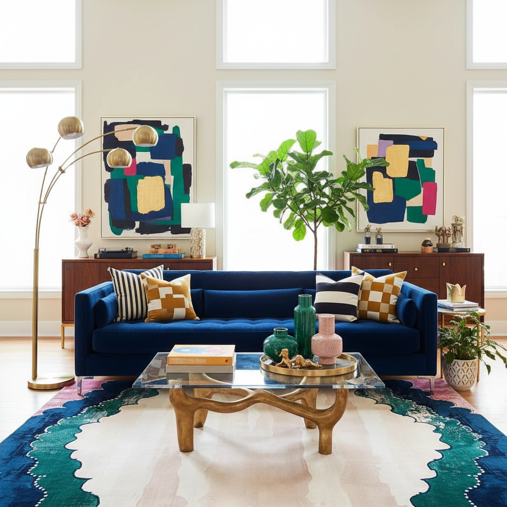 Modern living room with a blue sofa, abstract rug, and decorative items.