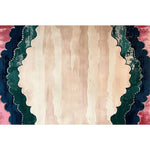 Top view of a scalloped garden hand tufted area rug, perfect for dining rooms and living rooms. The 8x10 contemporary wool rug features a unique design with pastel and bold colors, ideal for adding an artistic touch to any living room space.