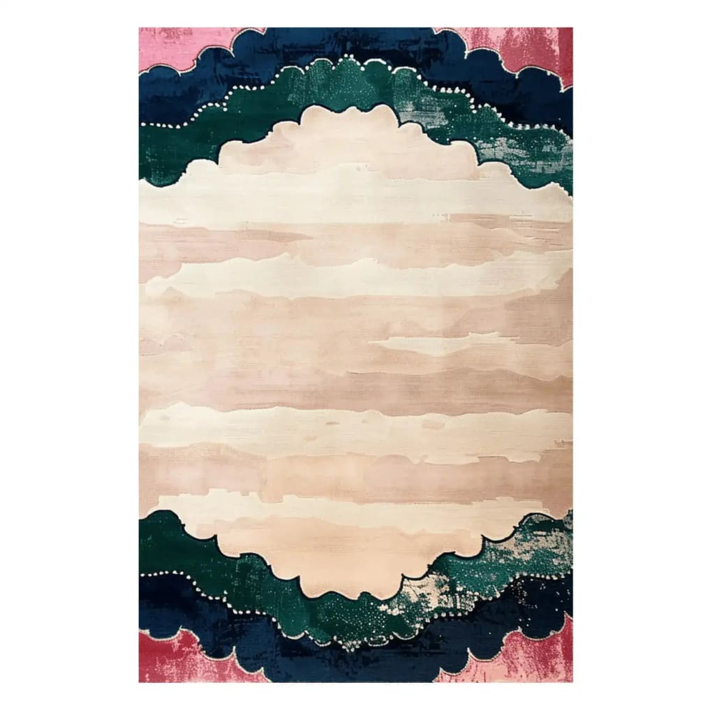 Scalloped Garden Hand Tufted Area Rug showcasing a beautiful blend of pink, blue, and green hues with an abstract, scalloped design. This contemporary wool rug fits perfectly in a dining room or as an 8x10 living room area rug, adding a touch of elegance to any living space.