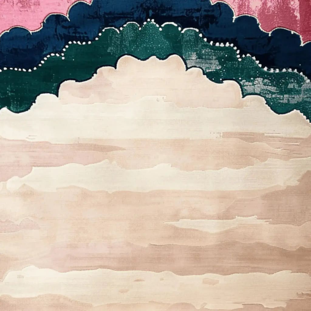 Top view of a Scalloped Garden Hand Tufted Area Rug, perfect for a dining room or living room. The contemporary wool rug features a blend of soft beige and vibrant colors, ideal for living room rugs 8x10 and adding a modern touch to your space.