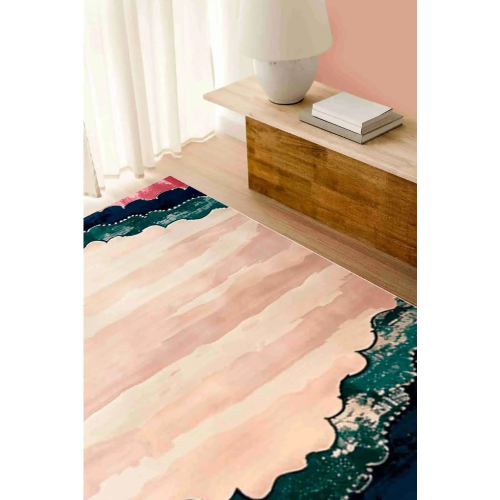 Beautiful Scalloped Garden Hand Tufted Area Rug in a contemporary living room setting. This wool rug features soft, scalloped edges with a unique blend of pink and teal tones, perfect for dining rooms or as a centerpiece in living room area rugs. Ideal for spaces needing an 8x10 contemporary touch.