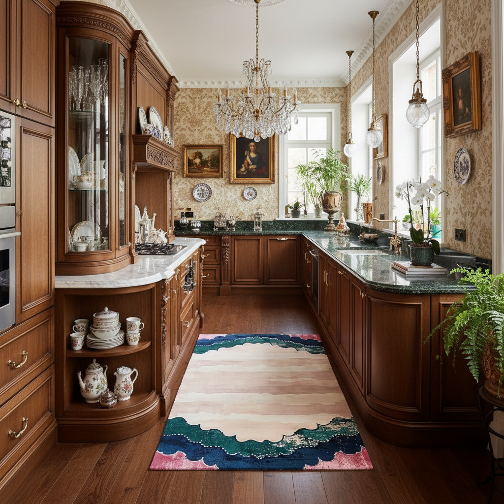 Scalloped Garden rug as a cream runner with teal and pink scallops in a classic wood kitchen