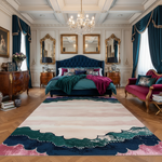 Scalloped Garden rug in cream with teal, navy and pink scalloped border in an opulent navy bedroom