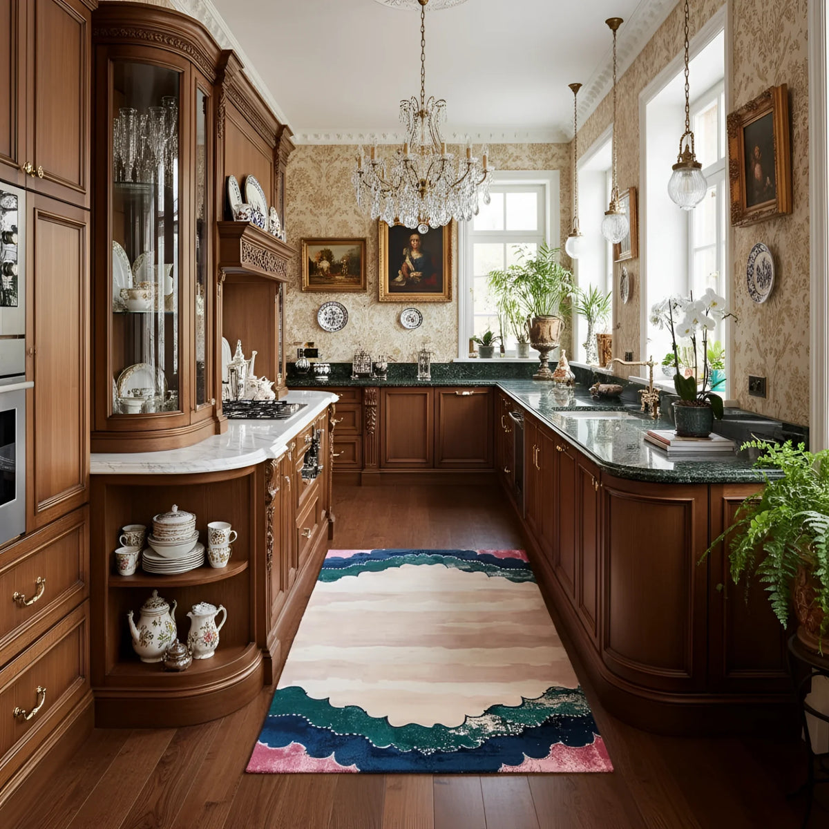 Scalloped Garden runner with cream field and teal-pink border down a traditional wood kitchen