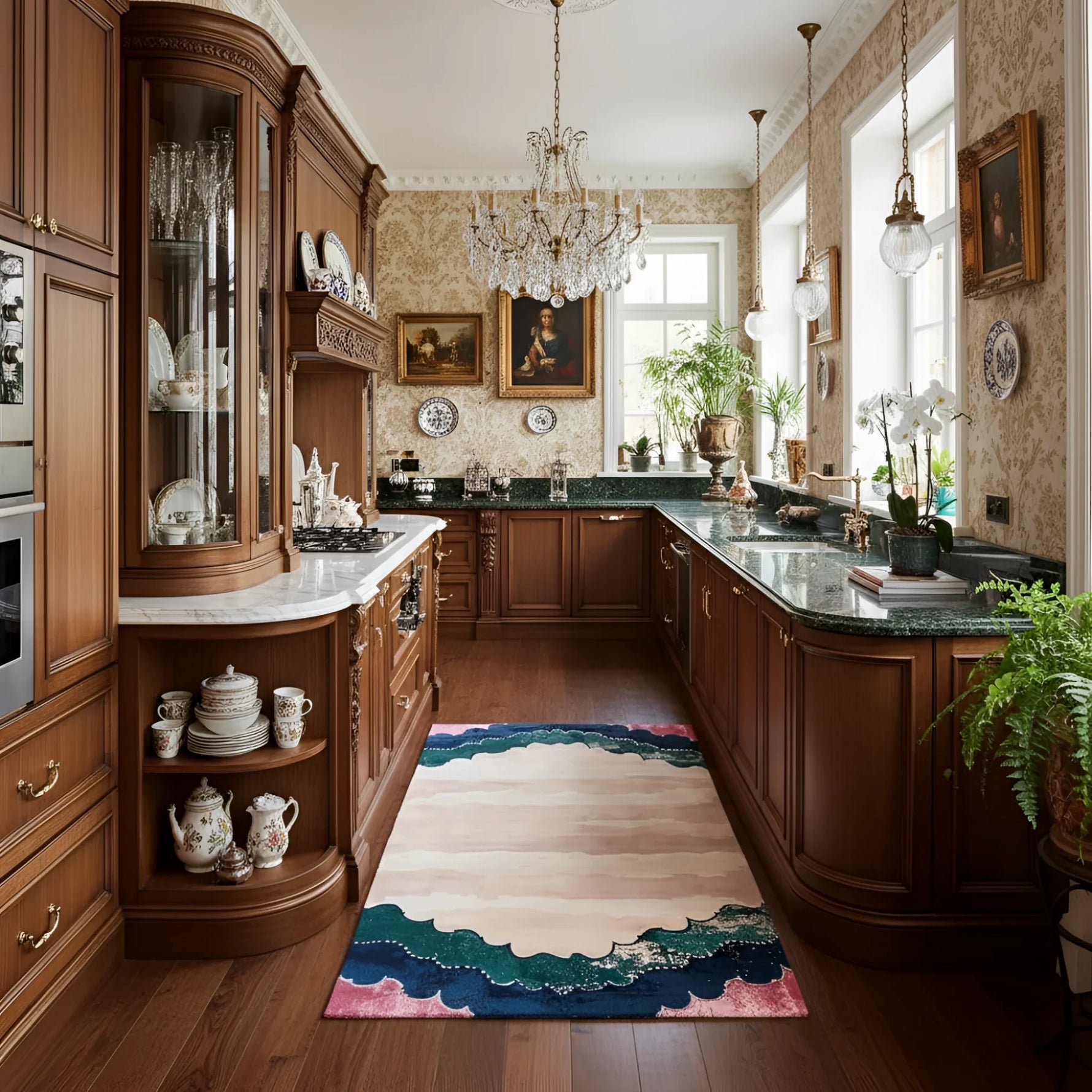 Scalloped Garden runner with cream field and teal-pink border down a traditional wood kitchen