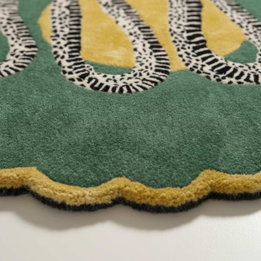 Close-up of a green rug with decorative patterns on a white background