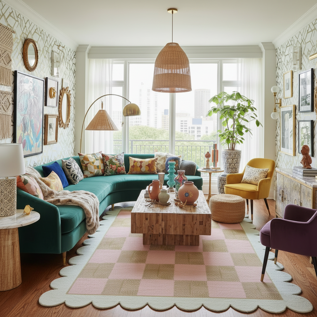 Living room with teal sofa, colorful decor, and large windows.