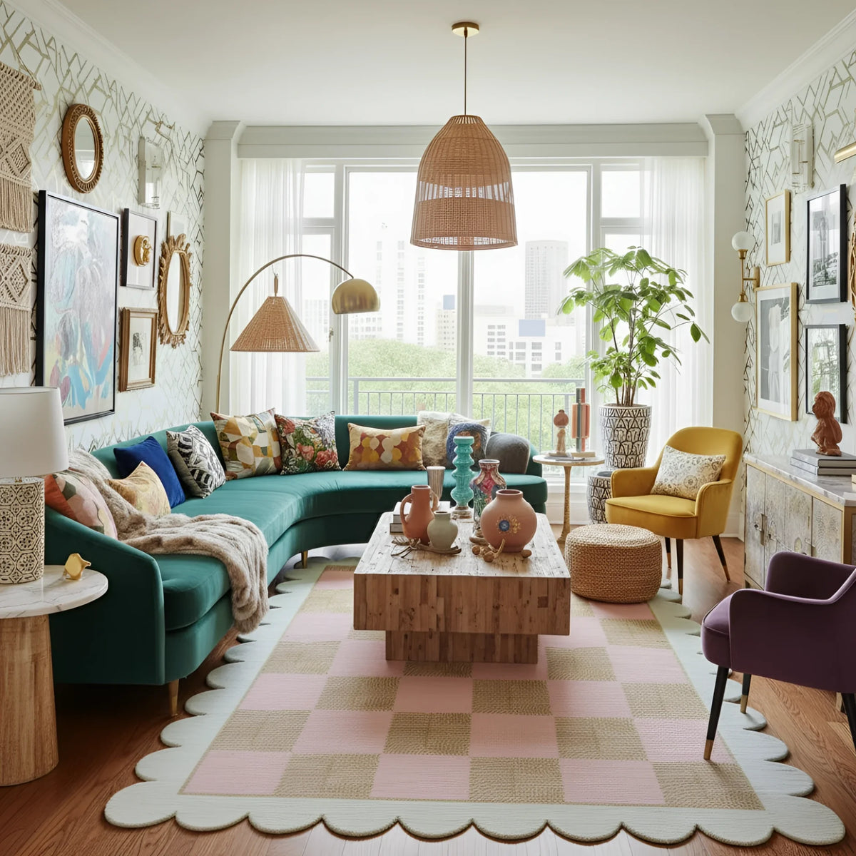 Living room with teal sofa, colorful decor, and large windows.