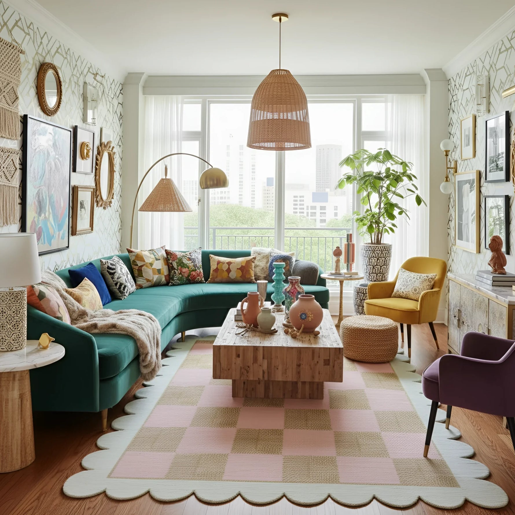 Living room with teal sofa, colorful decor, and large windows.