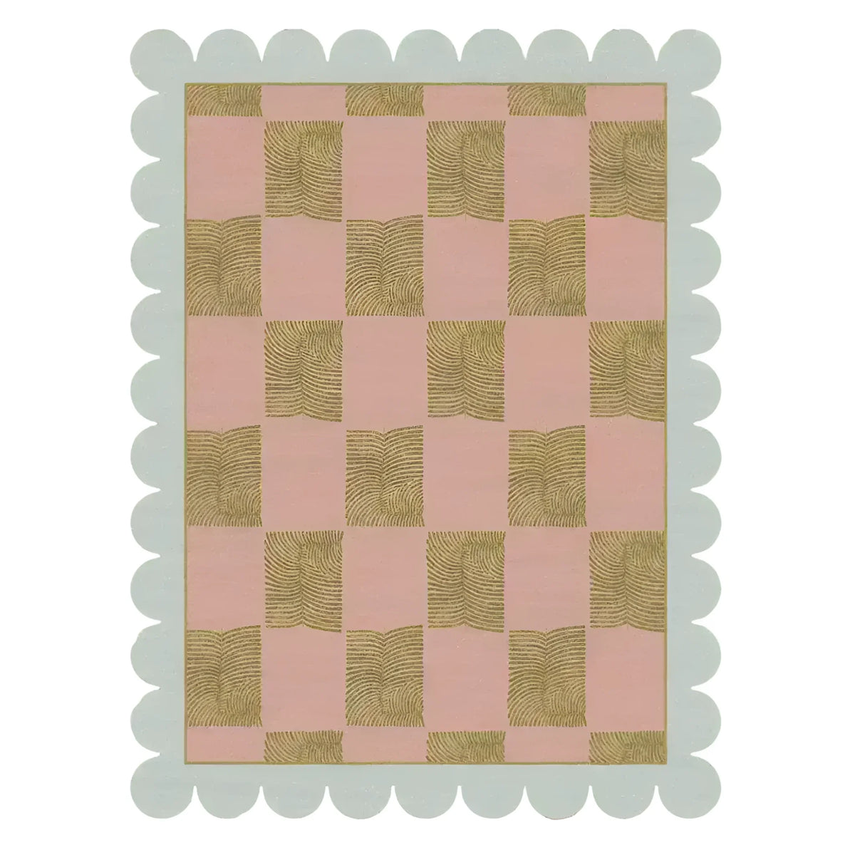 This image showcases a beautifully designed Scalloped Leaf Checker Pastel Hand Tufted Rug, perfect for large living rooms. The area rug features a delicate checker pattern in soft pastel hues, with a unique scalloped edge adding a touch of boho charm. Made from high-quality wool, this large area rug is ideal for creating a cozy and stylish atmosphere in your living room.