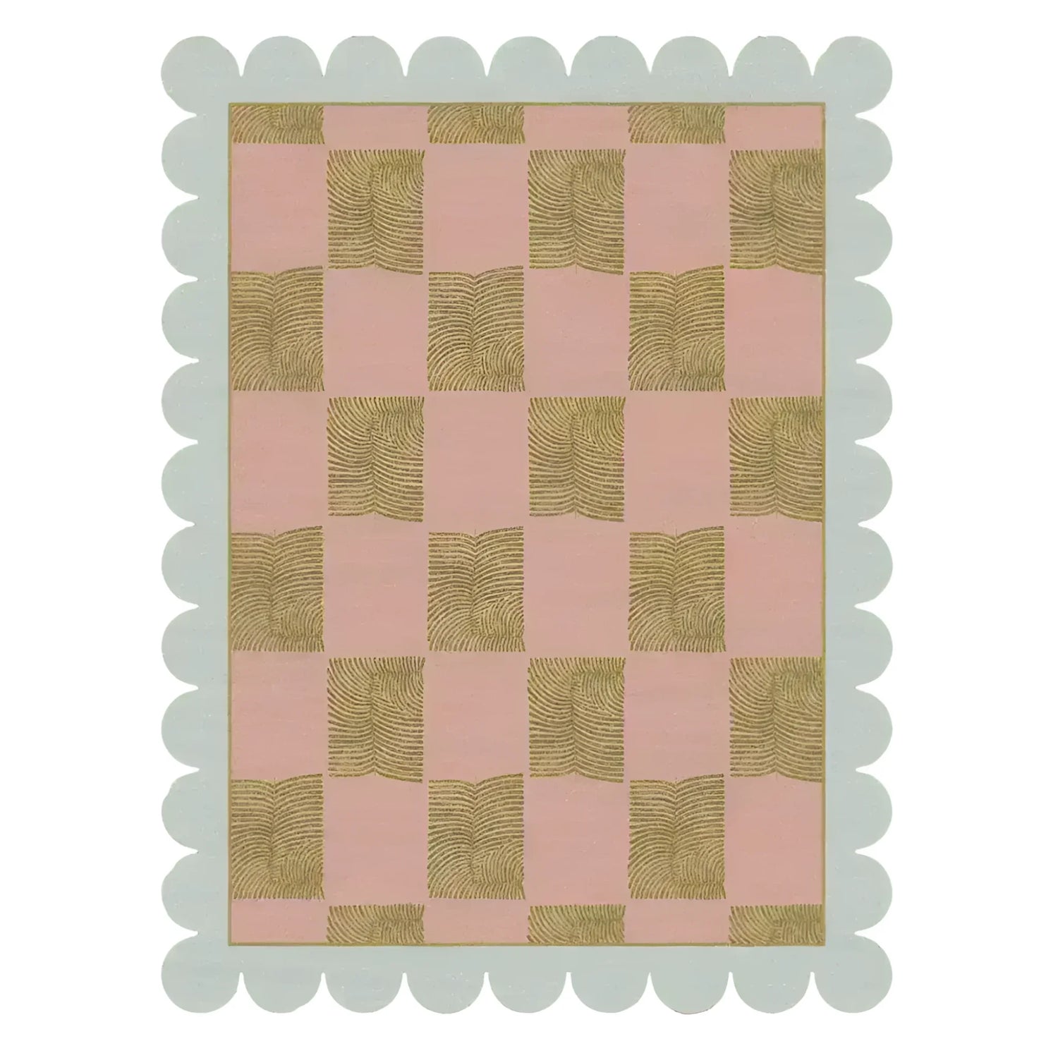 This image showcases a beautifully designed Scalloped Leaf Checker Pastel Hand Tufted Rug, perfect for large living rooms. The area rug features a delicate checker pattern in soft pastel hues, with a unique scalloped edge adding a touch of boho charm. Made from high-quality wool, this large area rug is ideal for creating a cozy and stylish atmosphere in your living room.