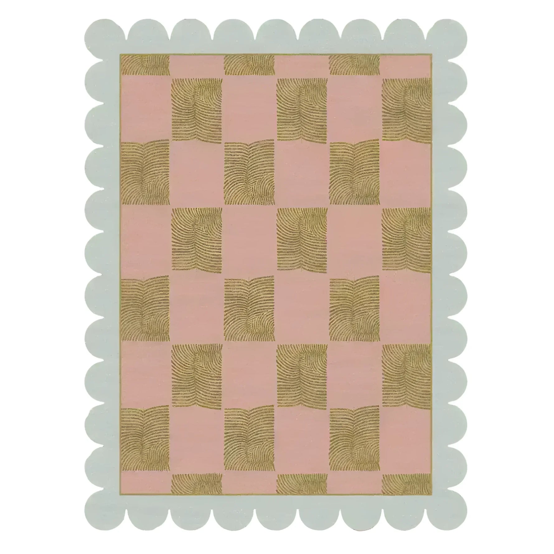This image showcases a beautifully designed Scalloped Leaf Checker Pastel Hand Tufted Rug, perfect for large living rooms. The area rug features a delicate checker pattern in soft pastel hues, with a unique scalloped edge adding a touch of boho charm. Made from high-quality wool, this large area rug is ideal for creating a cozy and stylish atmosphere in your living room.