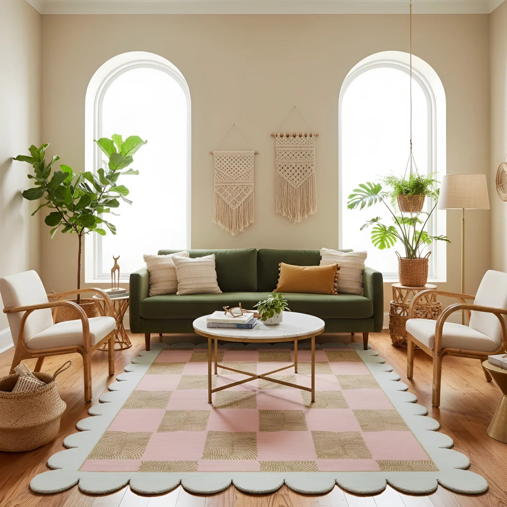 Living room with green sofa, checkered rug, and decorative plants.