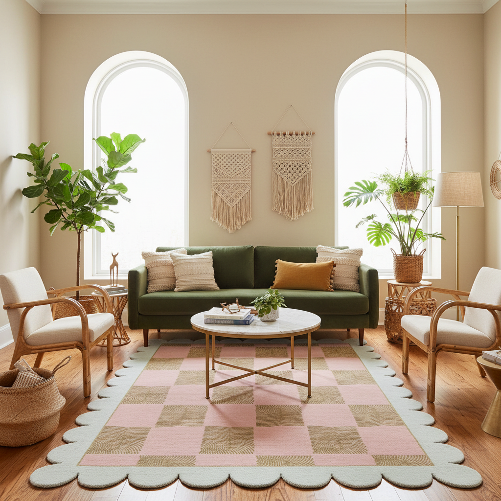 Scalloped Leaf Checker Pastel Hand Tufted Rug