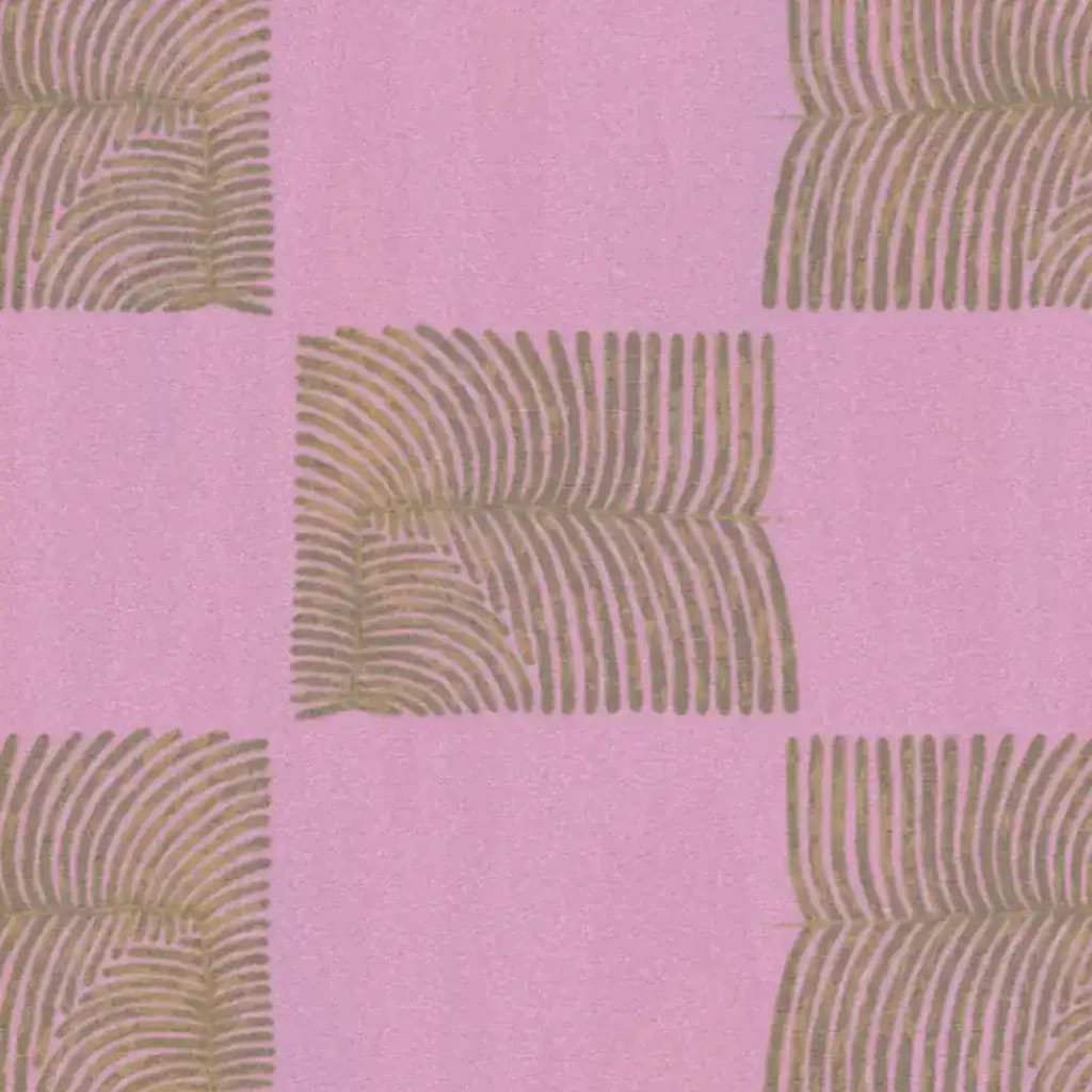 A stylish area rug featuring a scalloped leaf pattern in shades of brown on a pink background. This wool rug adds a boho touch to any bedroom or living room, perfect for those seeking unique rugs for their space.