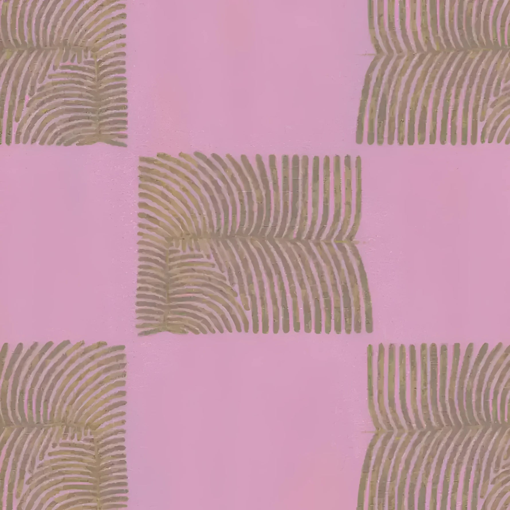 A stylish area rug featuring a scalloped leaf pattern in shades of brown on a pink background. This wool rug adds a boho touch to any bedroom or living room, perfect for those seeking unique rugs for their space.