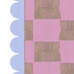 A vibrant area rug featuring a pink background with scalloped edges and abstract leaf patterns, perfect for adding a boho touch to your bedroom or living room. This hand-tufted wool rug is ideal for those seeking stylish rugs for the bedroom or a cozy addition to the living room.
