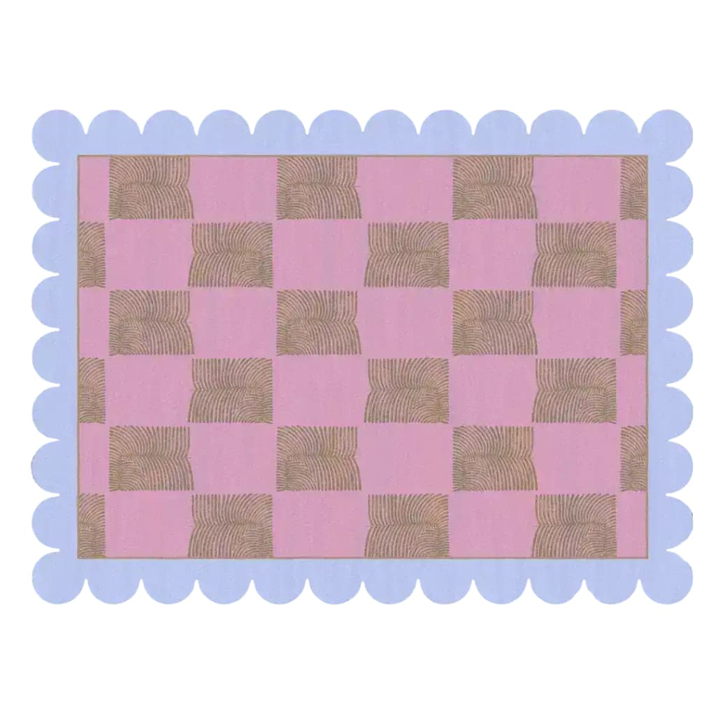A beautifully designed Scalloped Leaf Checker Pink Hand Tufted Area Rug, perfect for adding a touch of elegance to any bedroom or living room. This boho wool rug features a charming checker pattern in soft pink hues, accentuated with scalloped edges, making it an ideal choice for those seeking stylish rugs for bedroom or living room decor.
