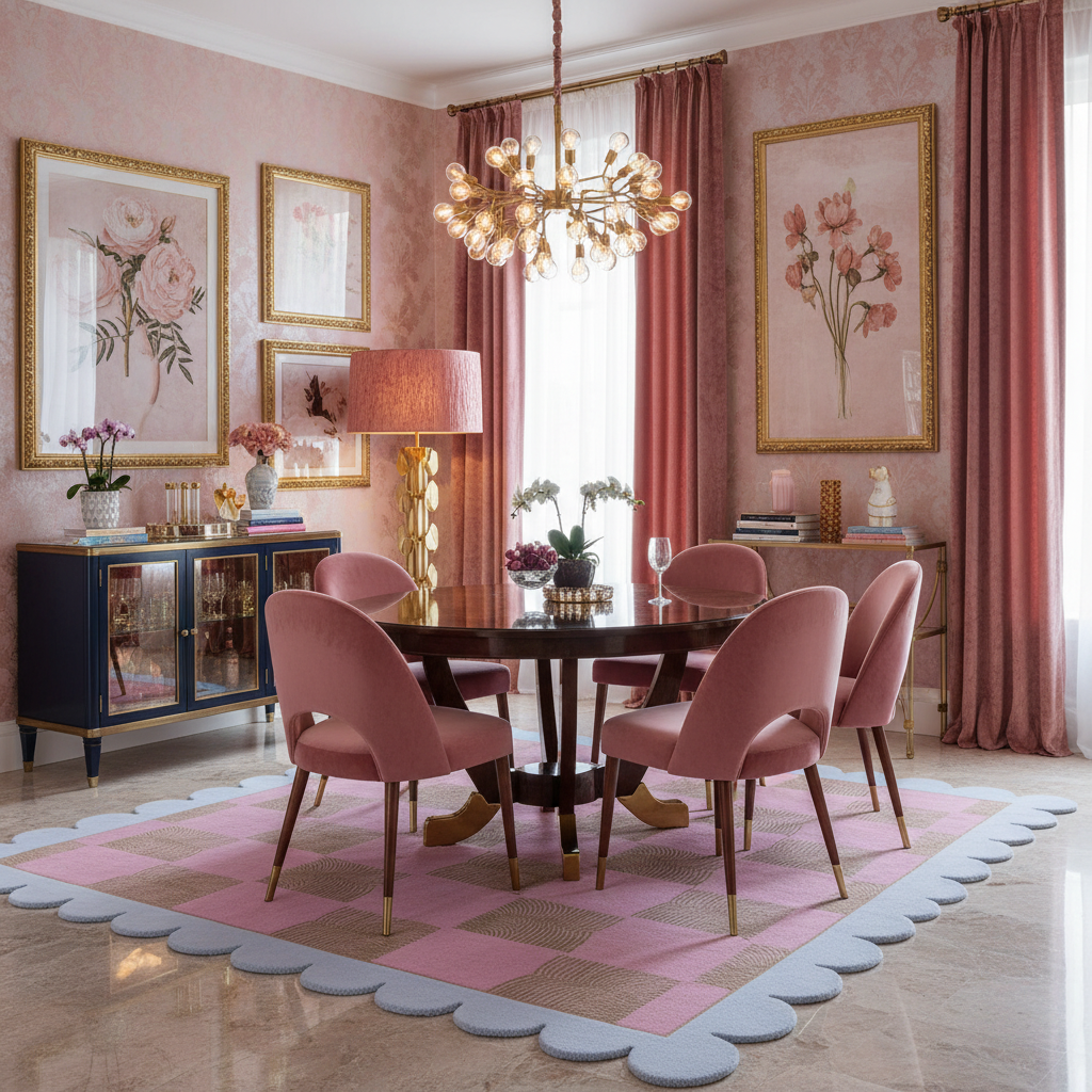 Scalloped Leaf Checker Pink Hand Tufted Rug