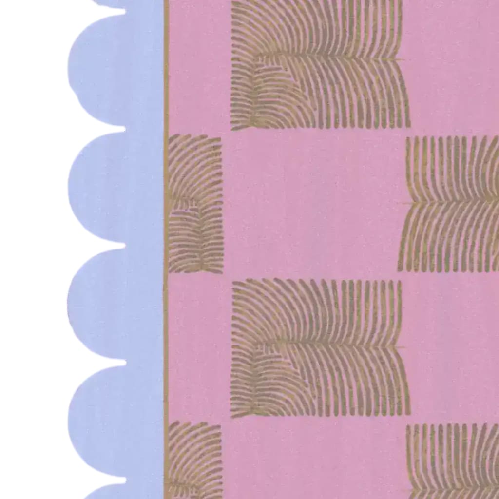 A vibrant area rug featuring a pink background with scalloped edges and abstract leaf patterns, perfect for adding a boho touch to your bedroom or living room. This hand-tufted wool rug is ideal for those seeking stylish rugs for the bedroom or a cozy addition to the living room.