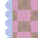 A vibrant area rug featuring a pink background with scalloped edges and abstract leaf patterns, perfect for adding a boho touch to your bedroom or living room. This hand-tufted wool rug is ideal for those seeking stylish rugs for the bedroom or a cozy addition to the living room.