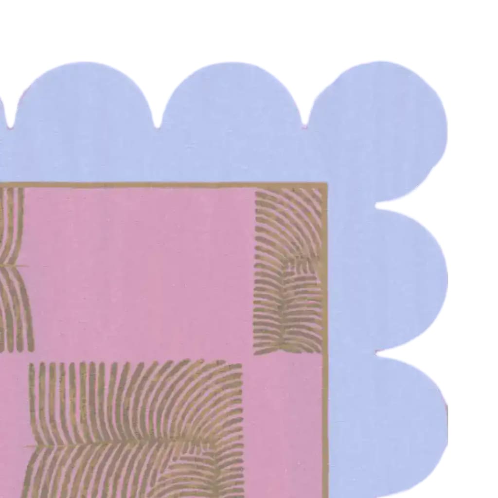 Close-up view of a pink hand tufted wool rug with a scalloped leaf pattern, perfect for adding a boho touch to your bedroom or living room. This area rug features intricate brown leaf designs on a soft pink background, ideal for those seeking stylish rugs for the bedroom or living room.