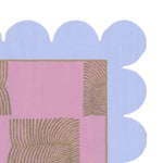 Close-up view of a pink hand tufted wool rug with a scalloped leaf pattern, perfect for adding a boho touch to your bedroom or living room. This area rug features intricate brown leaf designs on a soft pink background, ideal for those seeking stylish rugs for the bedroom or living room.