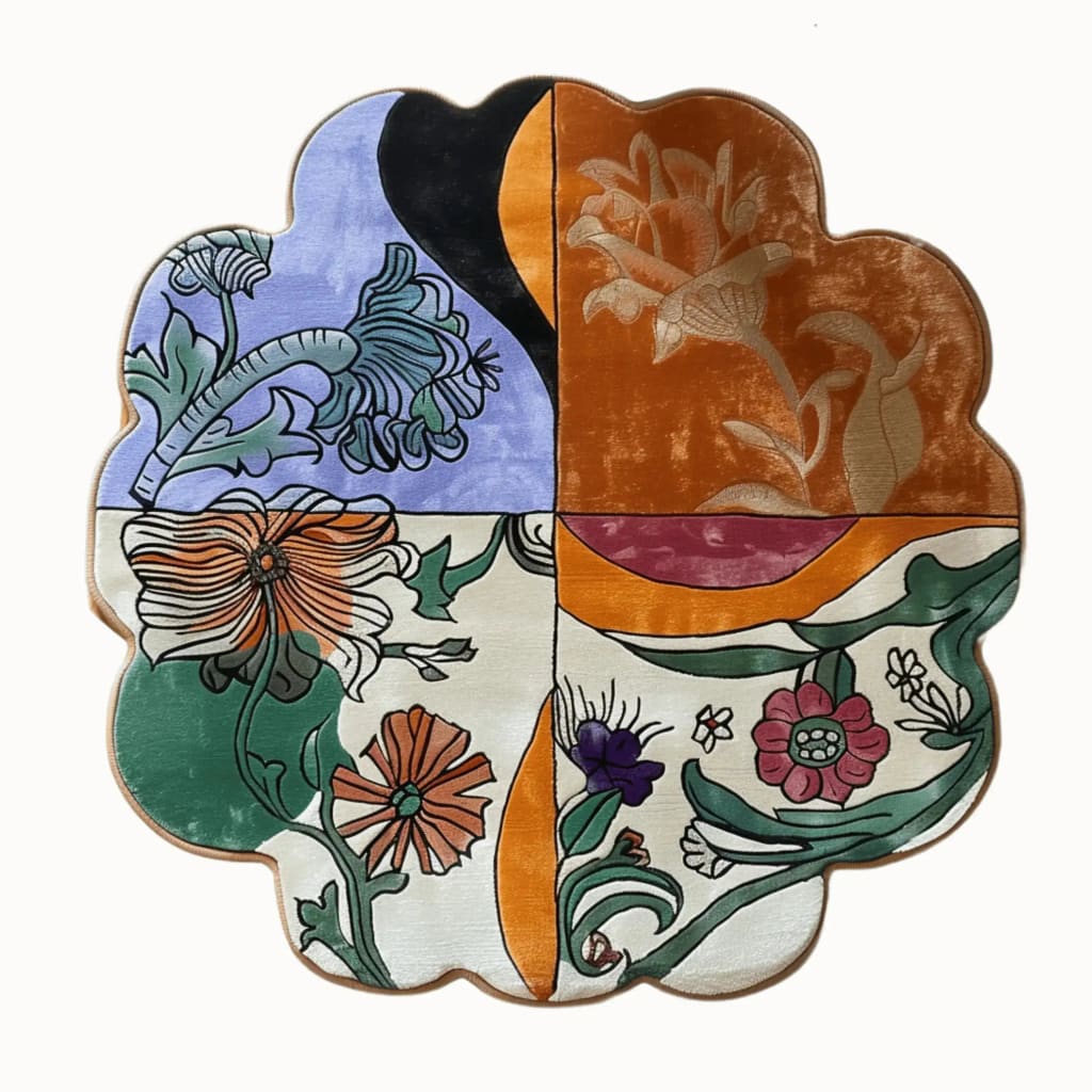 The Scalloped Meadow Hand Tufted Round Rug showcases a vibrant floral design, perfect for adding a touch of nature to any living room. This wool area rug features an intricate blend of colors and patterns that make it an ideal large area rug for living rooms, measuring 8x10. Its scalloped edges and artistic floral motifs create a standout piece that combines beauty with functionality.