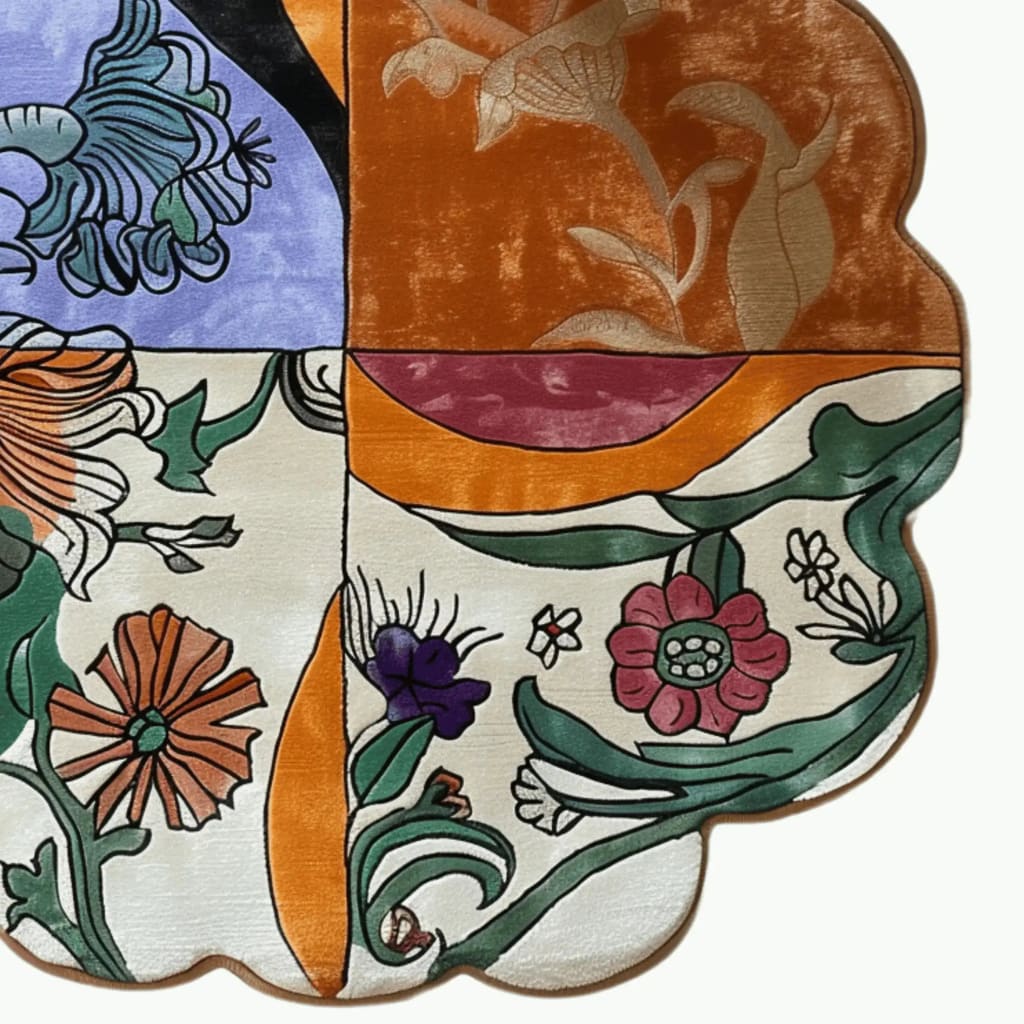 A vibrant, scalloped meadow hand-tufted round rug featuring an abstract floral design in various colors. This wool rug is perfect for adding a touch of elegance to large living rooms. Ideal as an 8x10 area rug, it combines artistic flair with practicality, making it a standout piece among large area rugs.