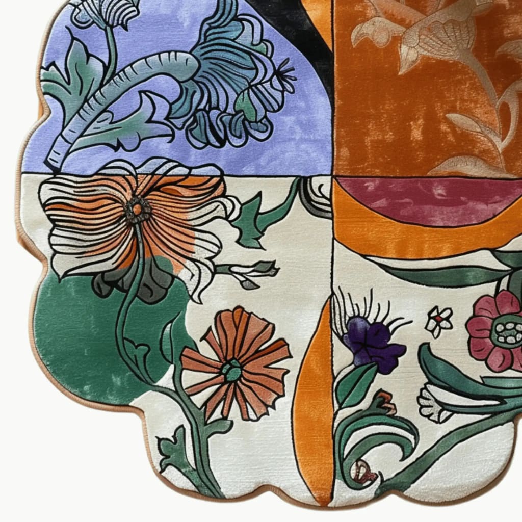 Close-up view of the Scalloped Meadow Hand Tufted Round Rug, showcasing a vibrant floral design. The area rug features a dynamic mix of orange, green, purple, and cream colors, perfect for enhancing large living rooms. This wool rug offers an artistic touch with its unique scalloped edge, making it an ideal choice for living room rugs 8x10. The intricate floral patterns add a touch of elegance to any space, combining beauty and functionality in large area rugs for living rooms.