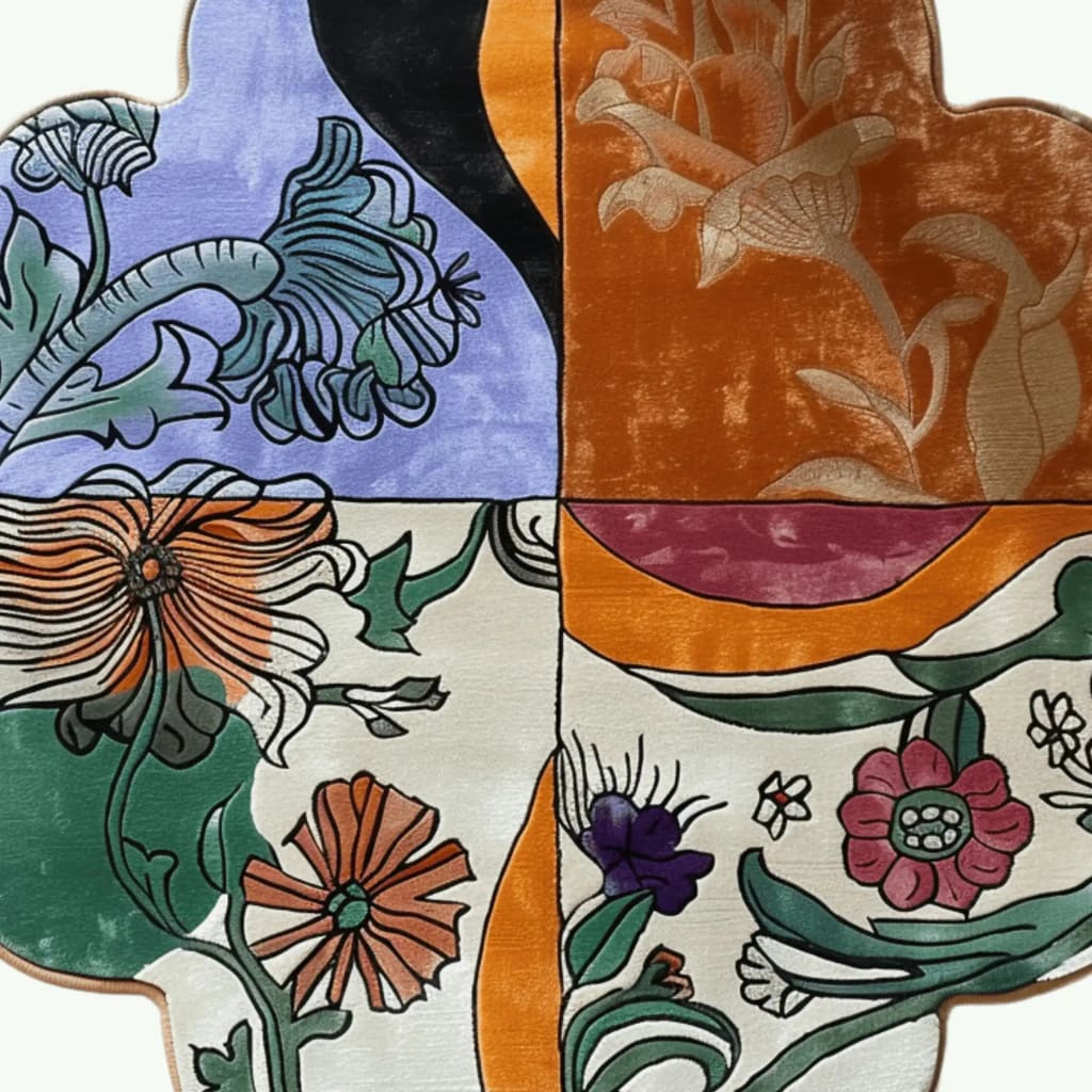 A vibrant Scalloped Meadow Hand Tufted Round Rug featuring an abstract floral design. The wool rug showcases bold colors like orange, purple, black, and green, ideal for large area rugs in a living room. This 8x10 living room rug adds a touch of elegance and nature-inspired beauty to your home decor.