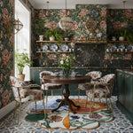 Scalloped meadow round hand-tufted rug with bold floral motifs on cream in a floral maximalist dining room