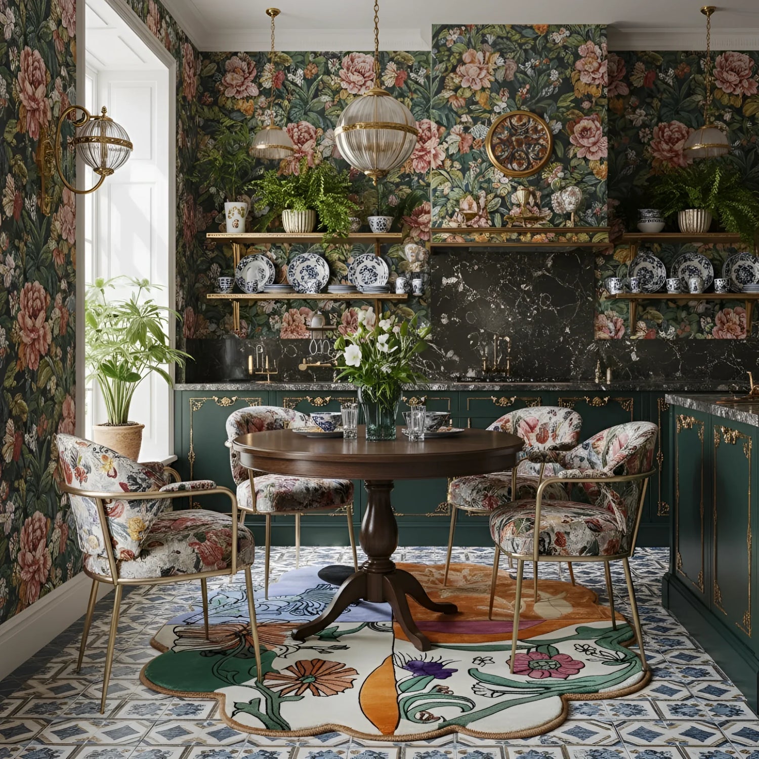 Scalloped meadow round hand-tufted rug with bold floral motifs on cream in a floral maximalist dining room