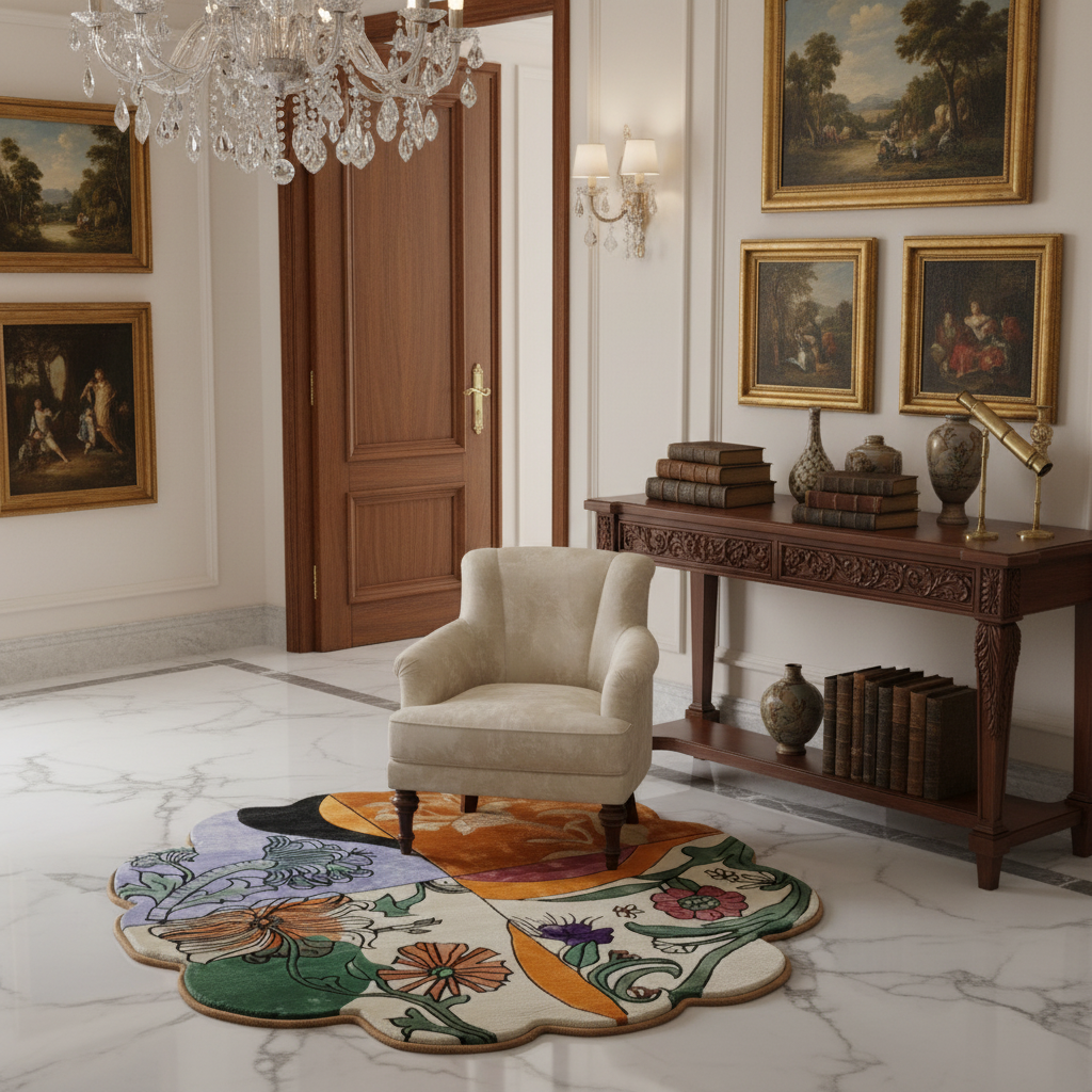 Scalloped meadow round hand-tufted rug with floral motifs and scalloped edge in a marble-floored entryway