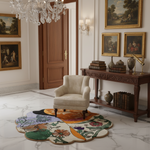 Scalloped meadow round hand-tufted rug with floral motifs and scalloped edge in a marble-floored entryway
