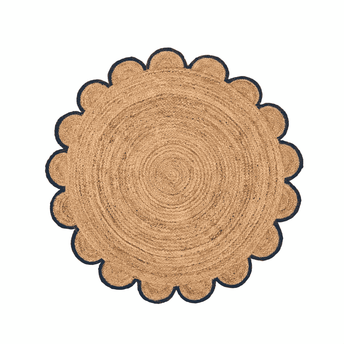 Round jute mat with scalloped edge on a white background