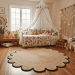 Bedroom with floral bedding, round jute rug, and decorative elements.