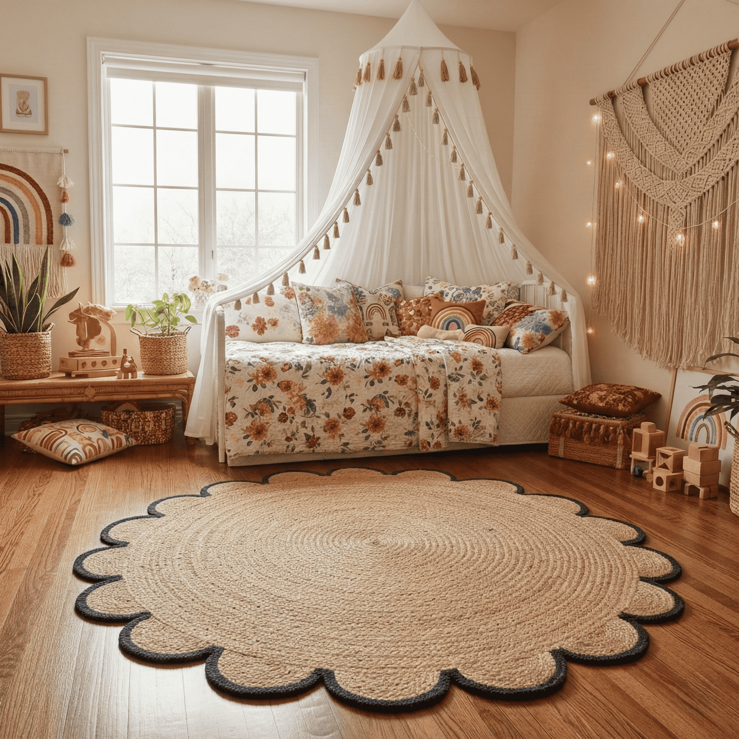 Bedroom with floral bedding, round jute rug, and decorative elements.