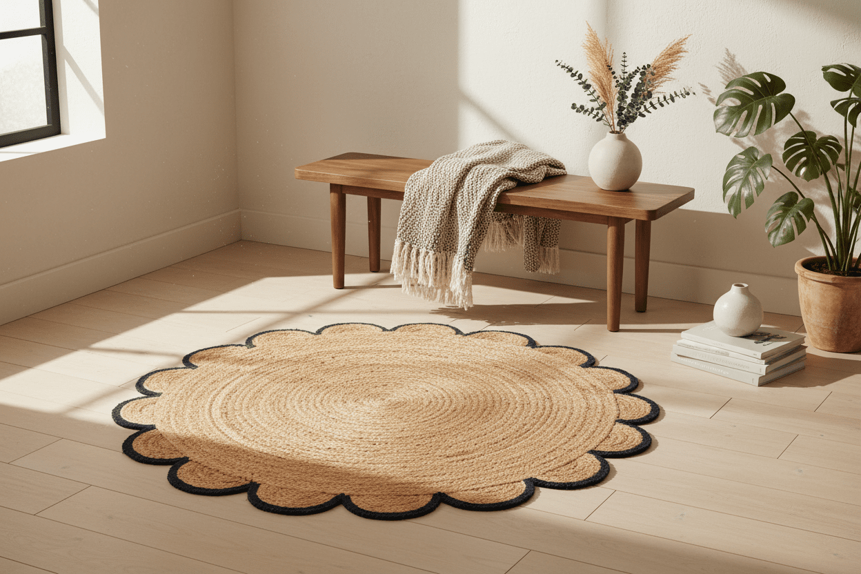 Round jute rug on a wooden floor with a bench and plants in the background