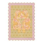 Top view of the Scalloped Serpentine Duo Harmony Hand Tufted Area Rug, featuring an abstract design in soft pink and gold hues. Ideal for adding a unique touch to bedroom and living room spaces, this wool rug offers a blend of elegance and comfort.