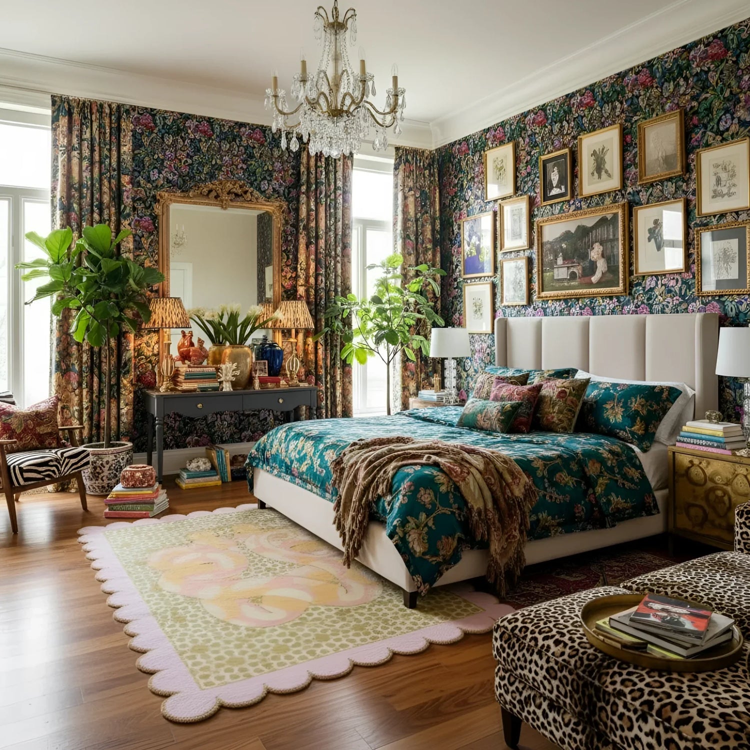 Decorative bedroom with floral wallpaper, chandelier, and colorful bedding.