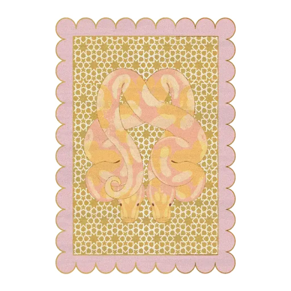 Top view of the Scalloped Serpentine Duo Harmony Hand Tufted Area Rug, featuring an abstract design in soft pink and gold hues. Ideal for adding a unique touch to bedroom and living room spaces, this wool rug offers a blend of elegance and comfort.