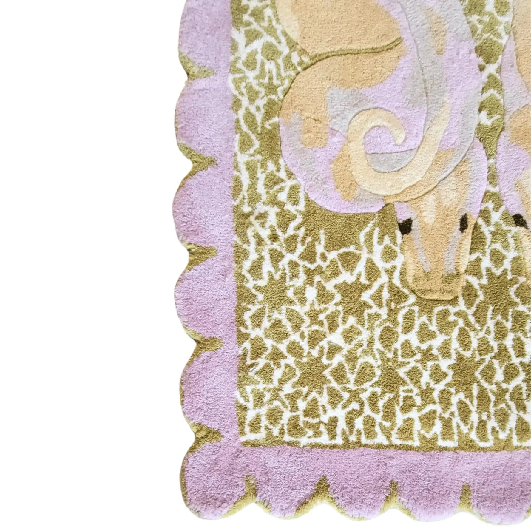 Close-up view of the Scalloped Serpentine Duo Harmony Hand Tufted Rug, showcasing its intricate design and soft texture. This wool area rug features a unique scalloped edge and abstract patterns, perfect for adding a touch of elegance to your bedroom or living room.