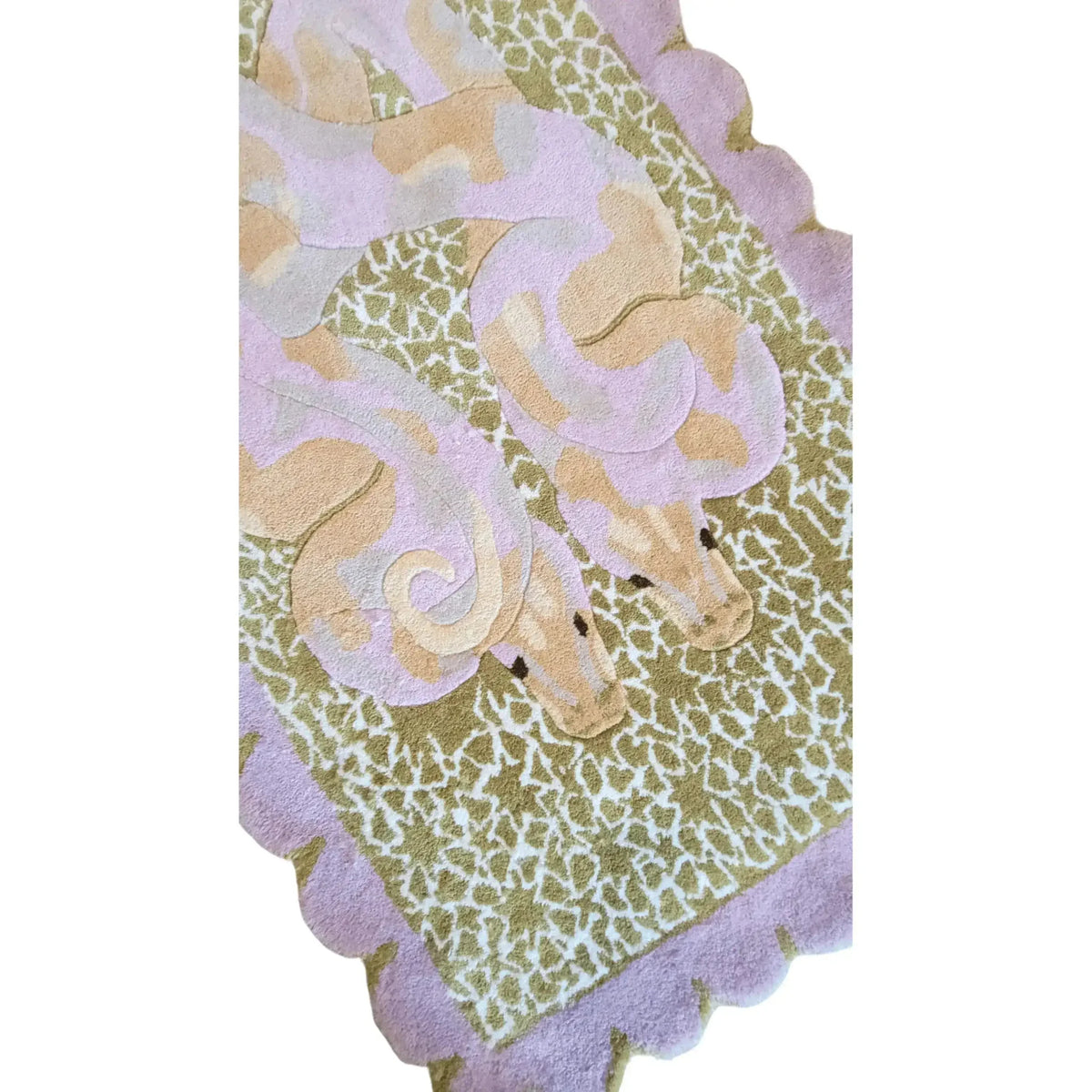 A beautifully designed Scalloped Serpentine Duo Harmony Hand Tufted Area Rug, perfect for adding elegance to any bedroom or living room. This wool rug features intricate serpentine patterns in soothing pastel colors, ideal for those looking for unique and stylish bedroom rugs or living room area rugs.