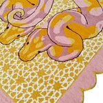 Vibrant hand-tufted area rug featuring an abstract serpentine design in pink and yellow hues, perfect for adding a pop of color to your bedroom or living room. This wool rug showcases intricate patterns and scalloped edges, ideal for those seeking unique living room area rugs or bedroom rugs.