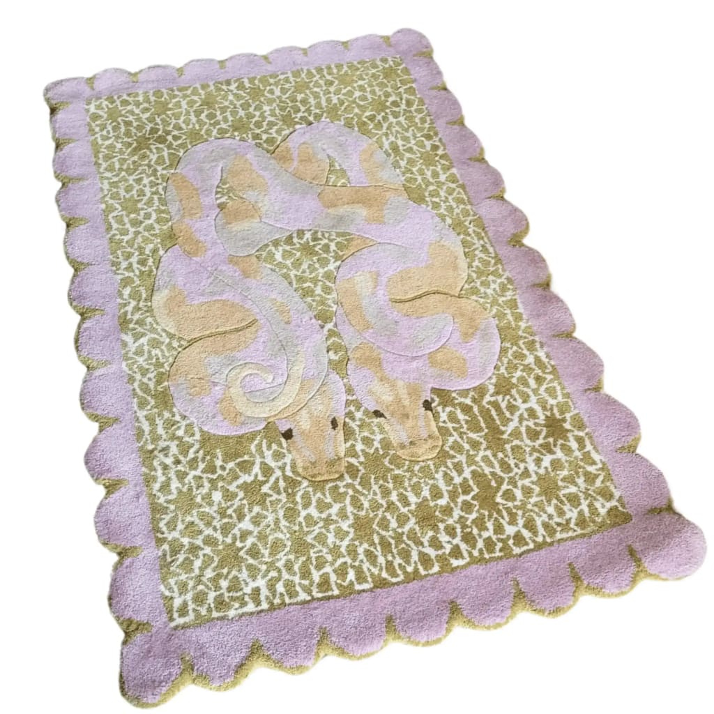 A vibrant hand-tufted area rug featuring a unique serpentine design with pastel colors. This wool rug is perfect for adding a touch of elegance to either a bedroom or living room. The scalloped edges and intricate pattern make it an eye-catching centerpiece for any space, ideal for those looking for stylish bedroom rugs or living room area rugs.