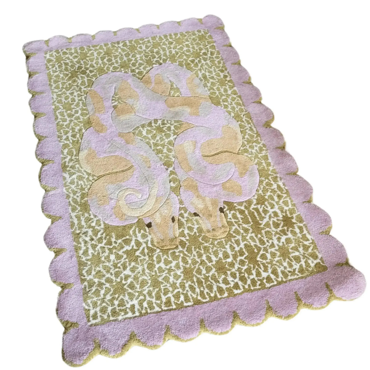 A vibrant hand-tufted area rug featuring a unique serpentine design with pastel colors. This wool rug is perfect for adding a touch of elegance to either a bedroom or living room. The scalloped edges and intricate pattern make it an eye-catching centerpiece for any space, ideal for those looking for stylish bedroom rugs or living room area rugs.