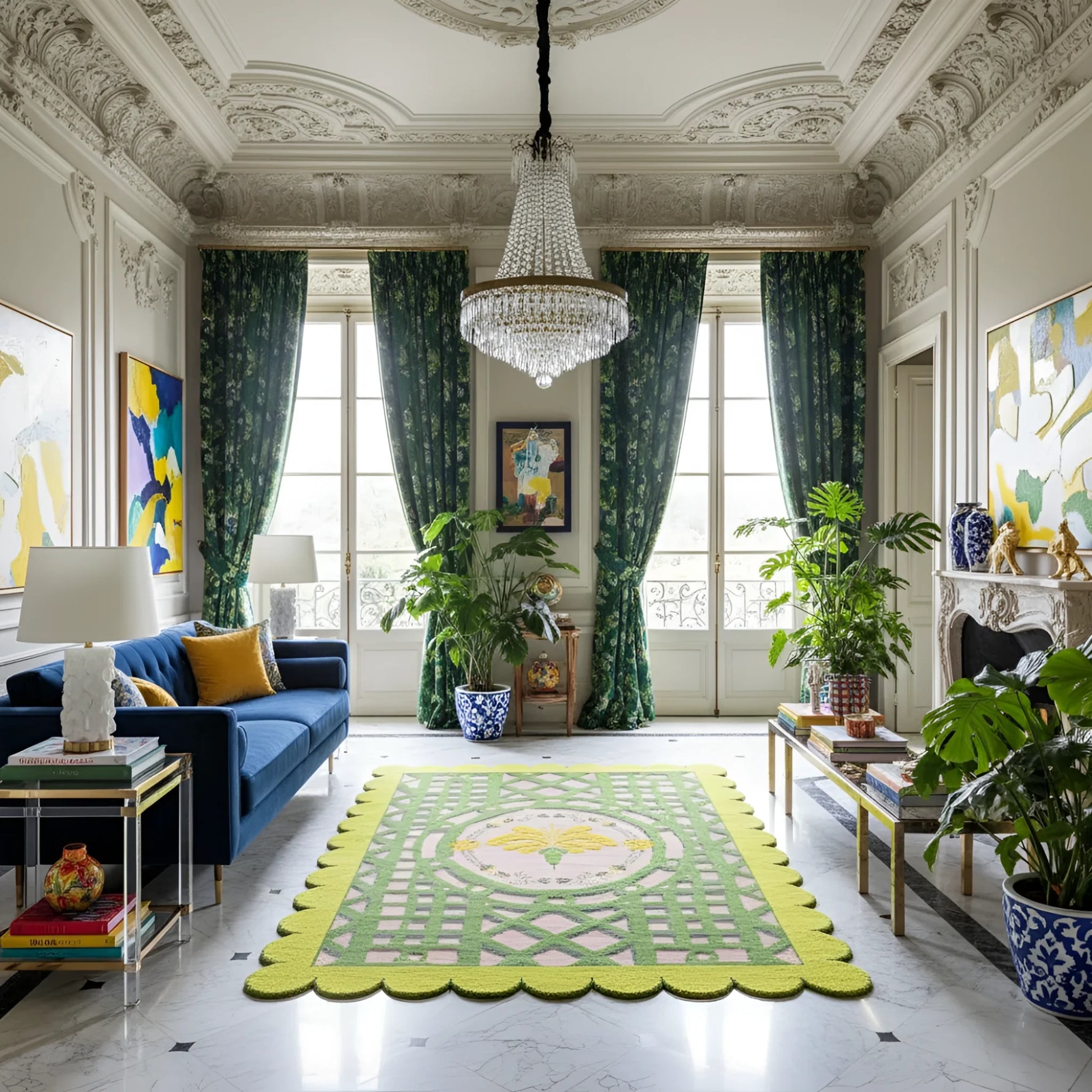Luxurious living room with a chandelier, blue sofa, and decorative rug.