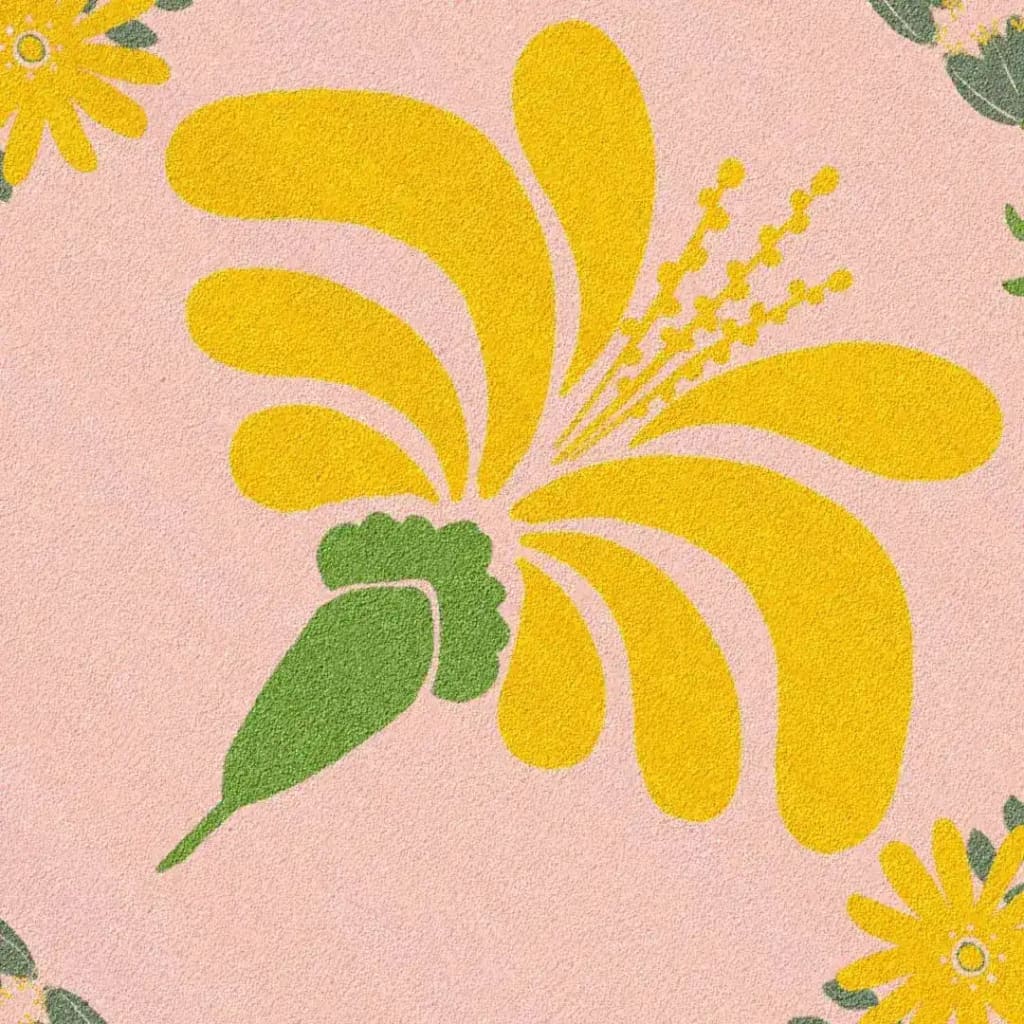 Close-up image of a hand-tufted area rug featuring a vibrant yellow flower design on a soft pink background. This wool rug is perfect for adding a touch of elegance to your living room, ideal for those seeking stylish living room rugs in an 8x10 size.